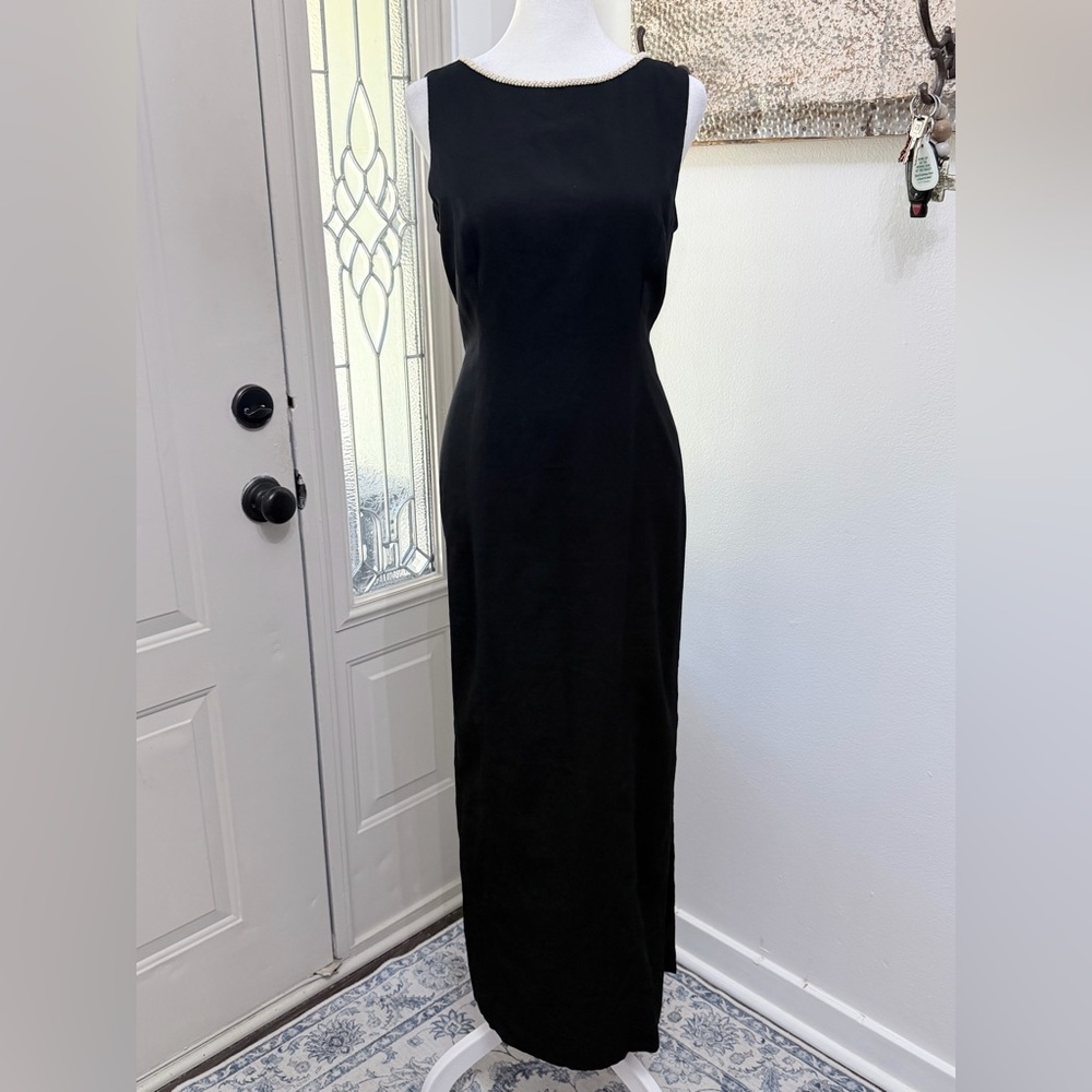 Handmade Black Long Dress Pearl Trim Open Back Elegant Evening Gown - Picture 2 of 10